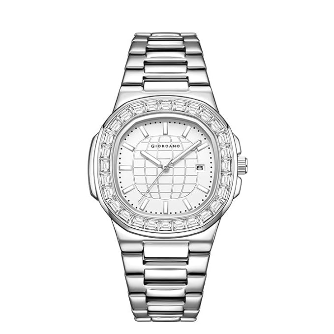 Giordano Luxury Watch for Men with Textured Dial, Crystal Bezel, Date Display and Stainless Steel Strap