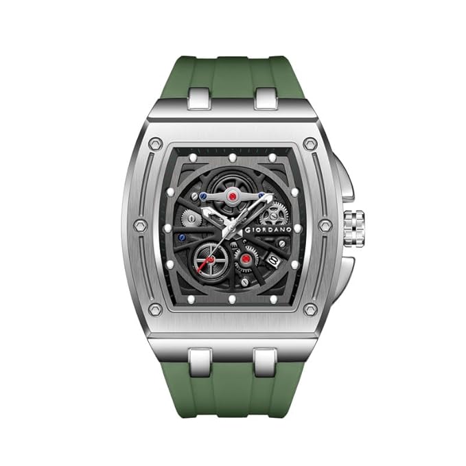 Giordano Sqaure Analog Casual Sporty Watch for Men – Mechanical-Inspired Dial, Date Display, Quartz Movement and Comfortable Silicone Strap