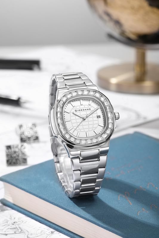Giordano Luxury Watch for Men with Textured Dial, Crystal Bezel, Date Display and Stainless Steel Strap