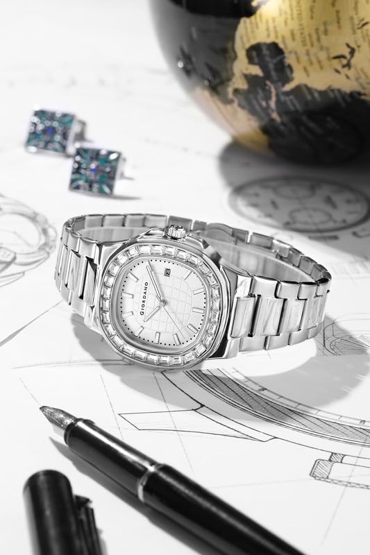Giordano Luxury Watch for Men with Textured Dial, Crystal Bezel, Date Display and Stainless Steel Strap