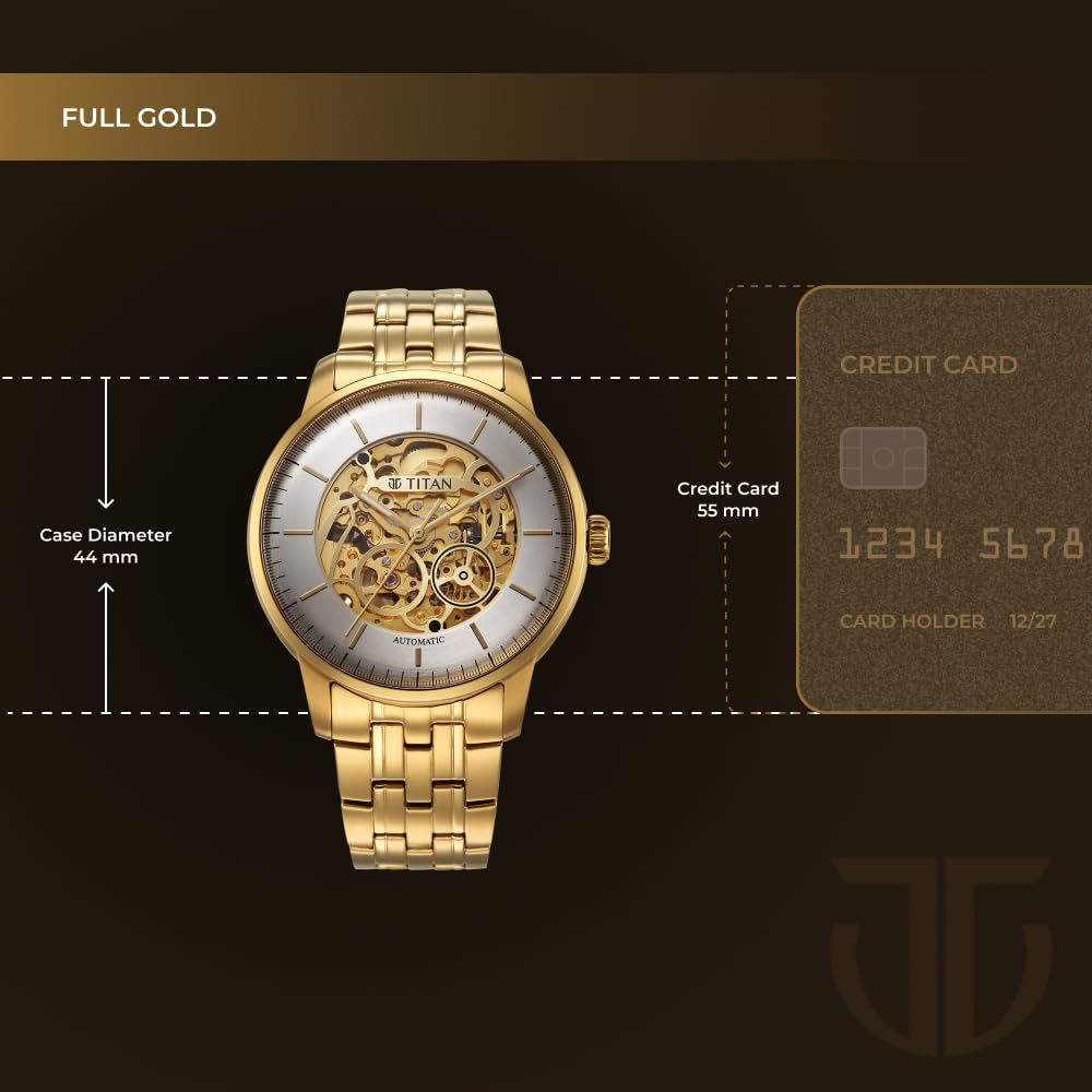 Titan Golden Heart Skeletal Automatic Analog with Silver Dial Yellow Gold Stainless Steel Strap Watch for Men - 90110YM01