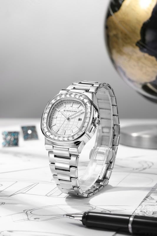 Giordano Luxury Watch for Men with Textured Dial, Crystal Bezel, Date Display and Stainless Steel Strap