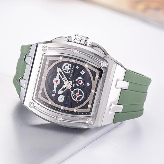 Giordano Sqaure Analog Casual Sporty Watch for Men – Mechanical-Inspired Dial, Date Display, Quartz Movement and Comfortable Silicone Strap