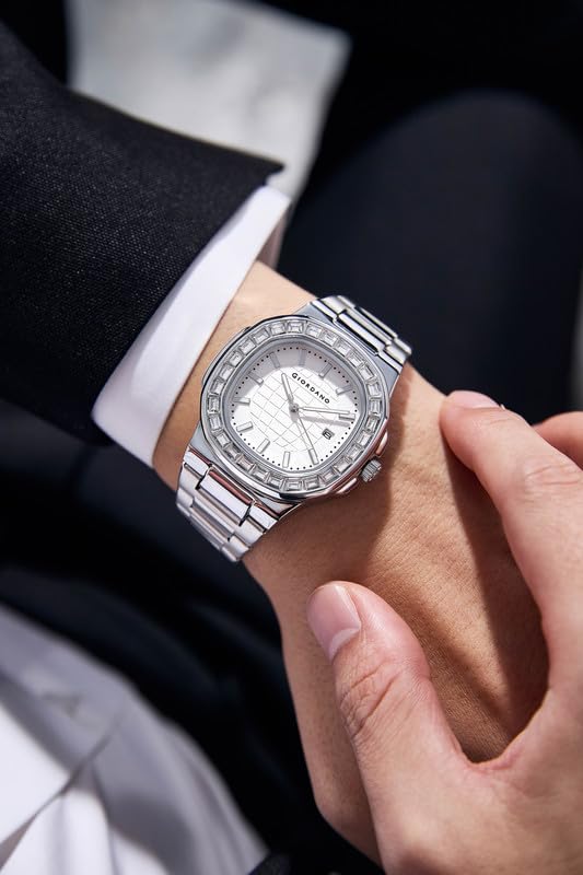 Giordano Luxury Watch for Men with Textured Dial, Crystal Bezel, Date Display and Stainless Steel Strap