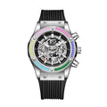 Giordano Multi-Function Watch for Men | Rainbow Crystal Bezel | Skeleton Dial | Black Sillicon Strap