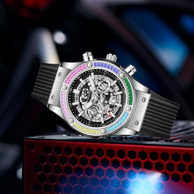 Giordano Multi-Function Watch for Men | Rainbow Crystal Bezel | Skeleton Dial | Black Sillicon Strap