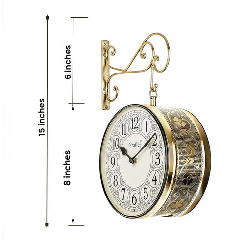 CRAFTEL Metal Analog Double Sided Vintage Railway Station Wall Clock Platform Hanging Clock for Living Room Home Office (Shiny Gold_8 Inches)