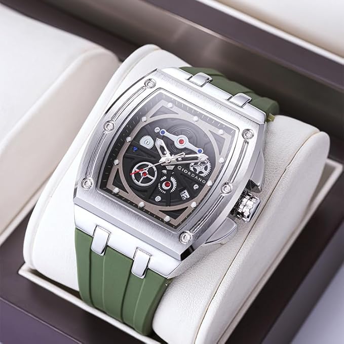 Giordano Sqaure Analog Casual Sporty Watch for Men – Mechanical-Inspired Dial, Date Display, Quartz Movement and Comfortable Silicone Strap