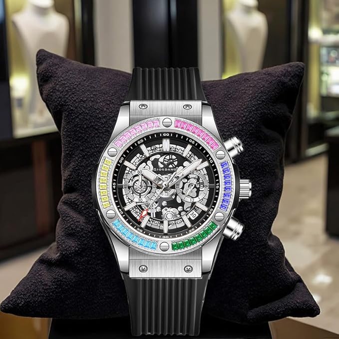 Giordano Multi-Function Watch for Men | Rainbow Crystal Bezel | Skeleton Dial | Black Sillicon Strap