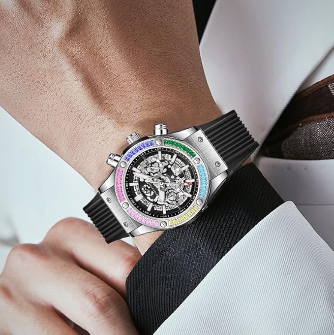 Giordano Multi-Function Watch for Men | Rainbow Crystal Bezel | Skeleton Dial | Black Sillicon Strap