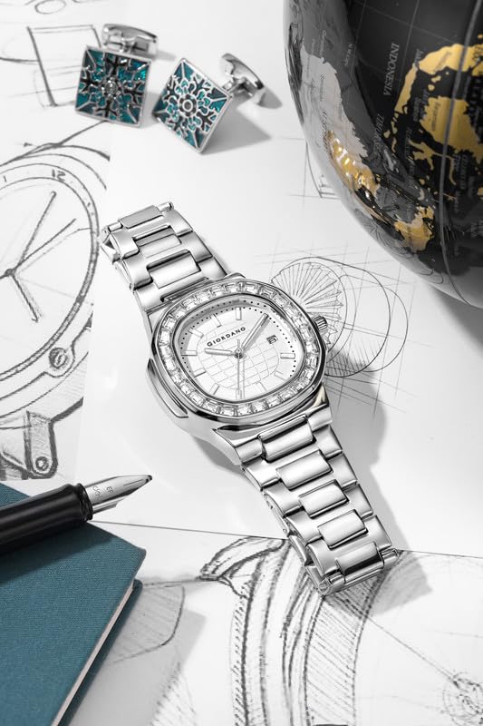 Giordano Luxury Watch for Men with Textured Dial, Crystal Bezel, Date Display and Stainless Steel Strap