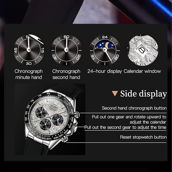 OLEVS Men's Watch Analog Chronograph Waterproof Multifunctional Diamond Sports Silicone Strap Moon Phase Quartz Night Light Men's Watch