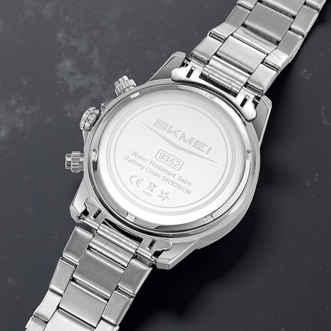 SKMEI Quartz Analog Chronograph Watch – Luxury Stainless Steel Band, Zinc Alloy Case Waterproof Wristwatch for Men - 9352