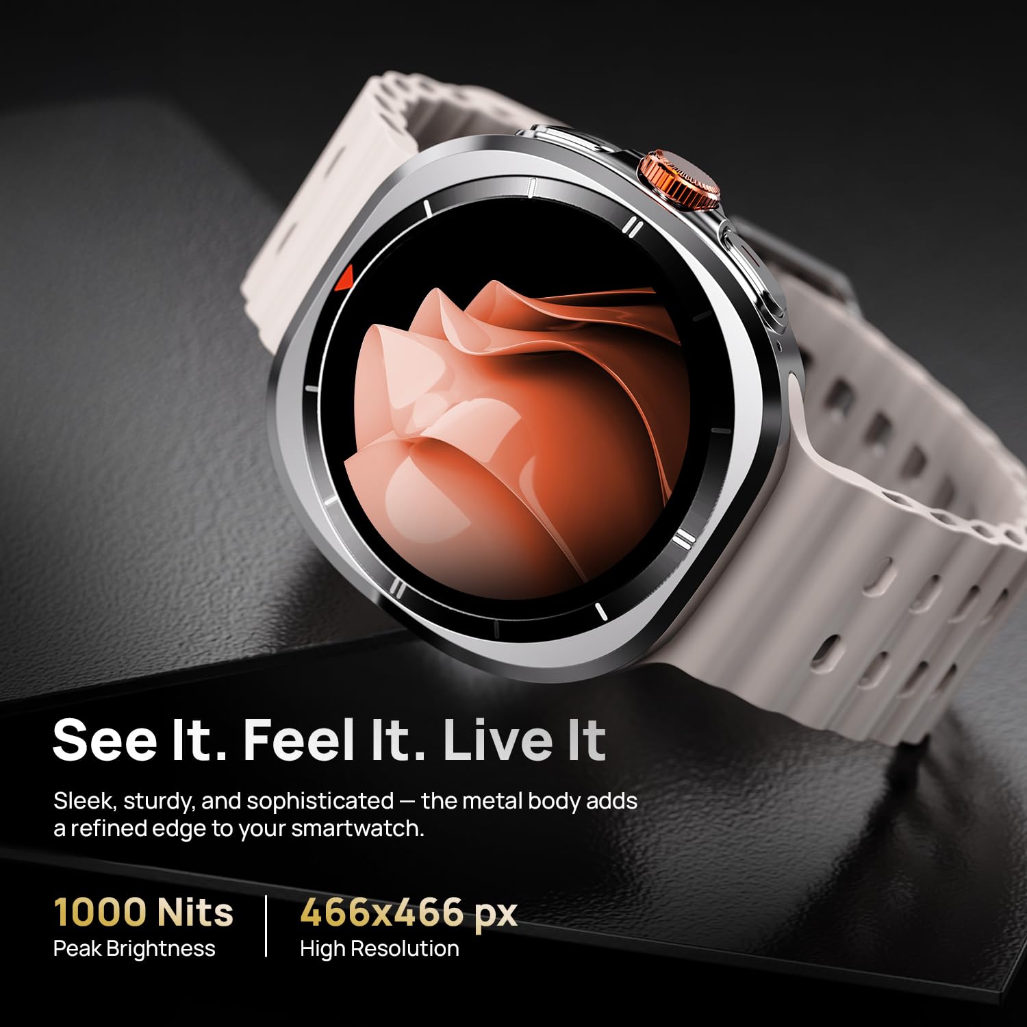 Fire-Boltt Axiom Round Smart Watch 1.43″ Super AMOLED Display with Always‑On Mode, Bluetooth Calling, Rotating Crown, SPO₂ &amp; Heart Rate Monitor, IP67 Waterproof Silicone Smartwatch for Men - White