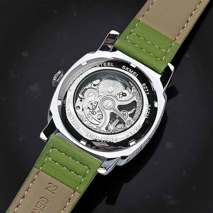 Skmei 9271 Men's Automatic Analog Watch, 30M Water-Resistant, Zinc Alloy Case, Leather Band, Glass Crystal, 42mm Case Width - 9271