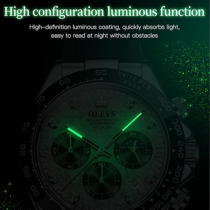 OLEVS Men's Watch Analog Chronograph Waterproof Multifunctional Diamond Sports Silicone Strap Moon Phase Quartz Night Light Men's Watch