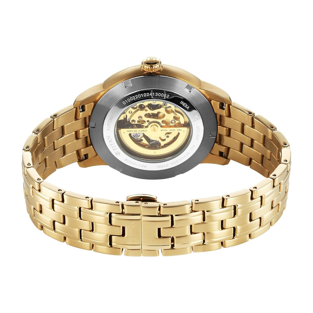 Titan Golden Heart Skeletal Automatic Analog with Silver Dial Yellow Gold Stainless Steel Strap Watch for Men - 90110YM01