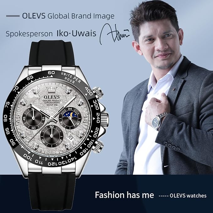 OLEVS Men's Watch Analog Chronograph Waterproof Multifunctional Diamond Sports Silicone Strap Moon Phase Quartz Night Light Men's Watch