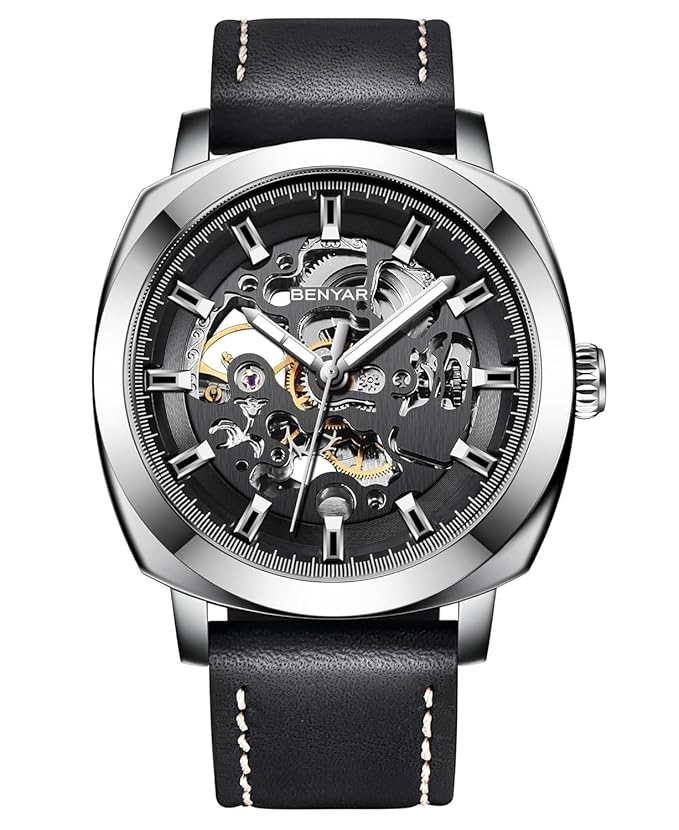 BENYAR Automatic Mechanical Watch for Men | Skeleton Dial Analog Watch | Genuine Leather Strap | 30M Water Resistant | Luxury Men’s Gift Watch