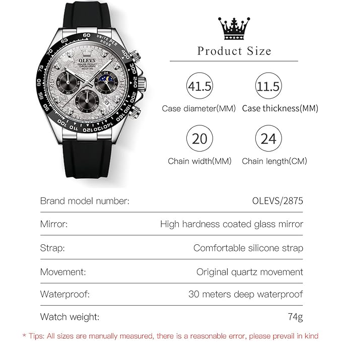 OLEVS Men's Watch Analog Chronograph Waterproof Multifunctional Diamond Sports Silicone Strap Moon Phase Quartz Night Light Men's Watch