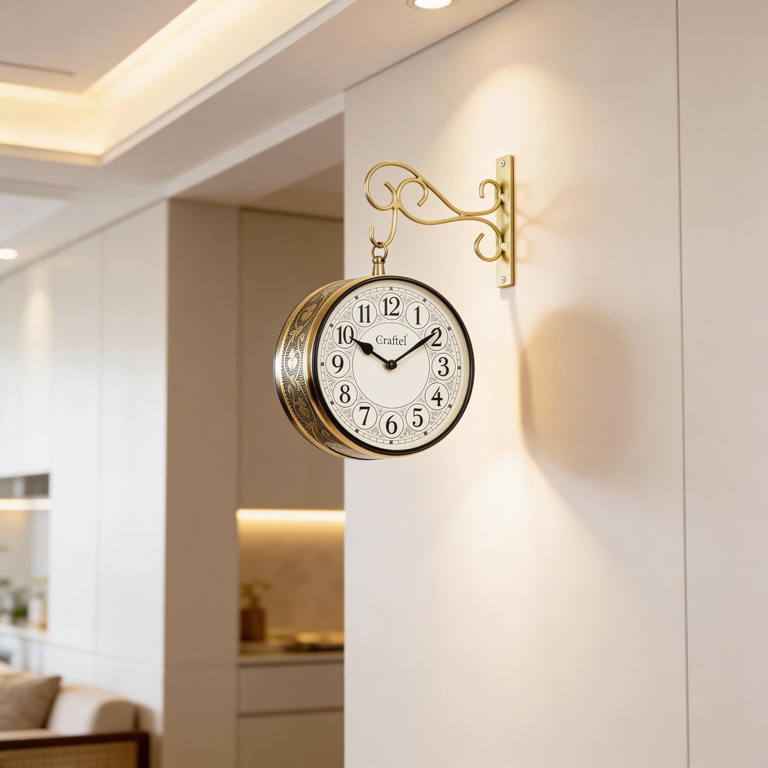 CRAFTEL Metal Analog Double Sided Vintage Railway Station Wall Clock Platform Hanging Clock for Living Room Home Office (Shiny Gold_8 Inches)