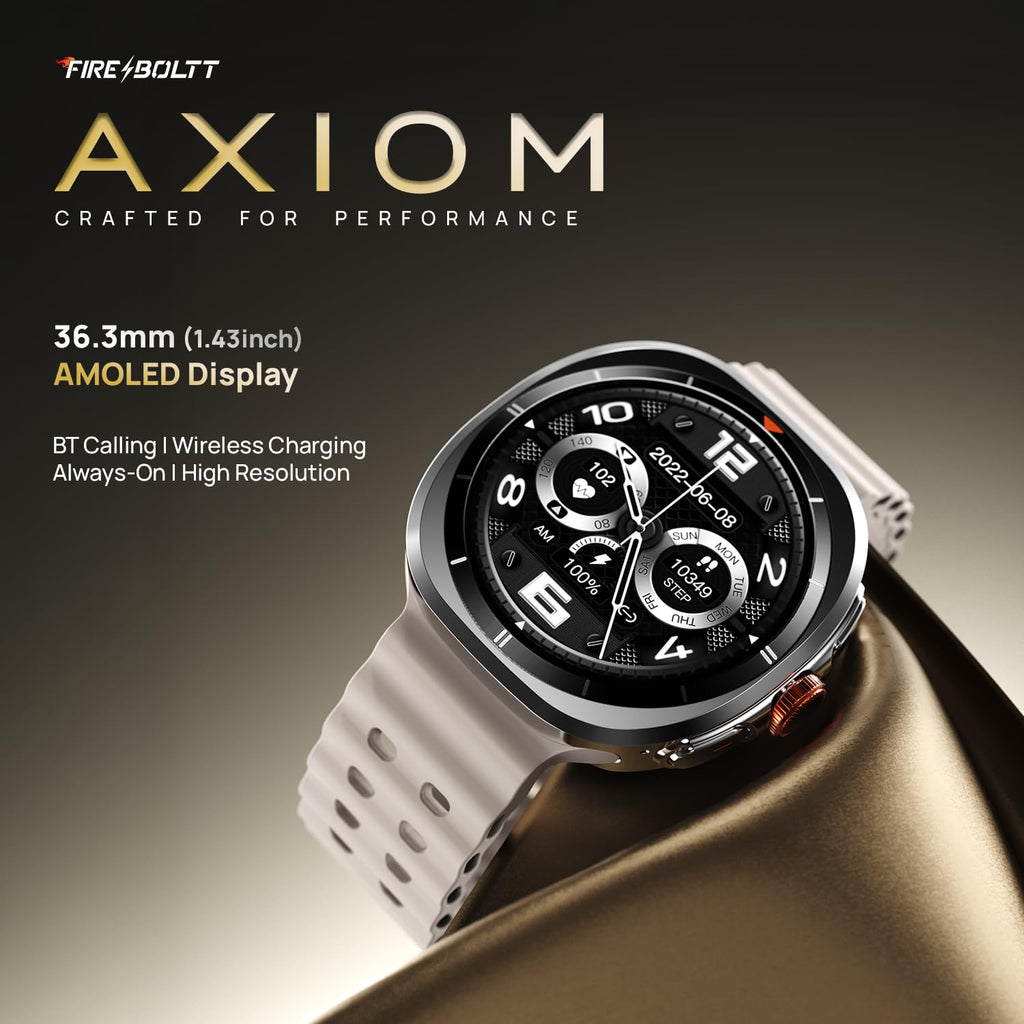 Fire-Boltt Axiom Round Smart Watch 1.43″ Super AMOLED Display with Always‑On Mode, Bluetooth Calling, Rotating Crown, SPO₂ &amp; Heart Rate Monitor, IP67 Waterproof Silicone Smartwatch for Men - White