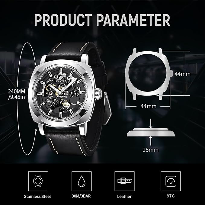BENYAR Automatic Mechanical Watch for Men | Skeleton Dial Analog Watch | Genuine Leather Strap | 30M Water Resistant | Luxury Men’s Gift Watch