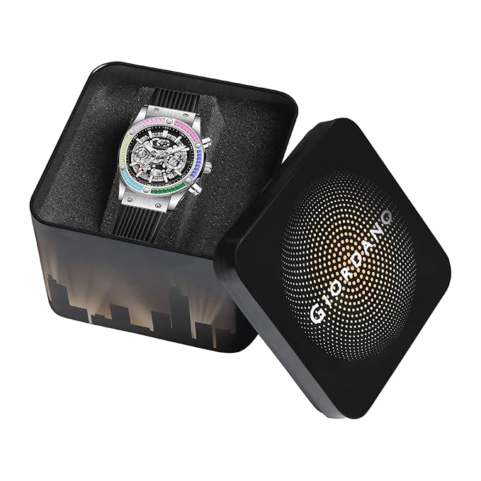 Giordano Multi-Function Watch for Men | Rainbow Crystal Bezel | Skeleton Dial | Black Sillicon Strap