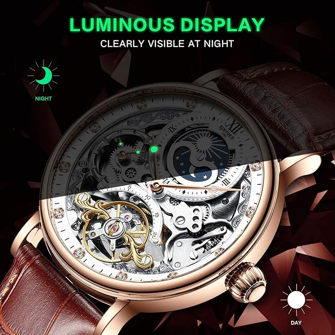 IK COLOURING Bestn Mens Luxury Skeleton Automatic Mechanical Wrist Watches Leather Moon Phrase Luminous Hands Self-Wind Watch