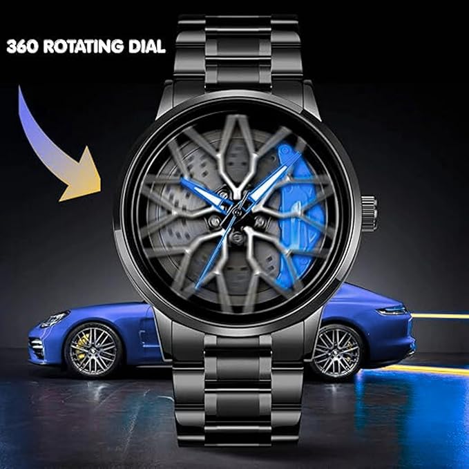 Branded Men's Sport Quartz Watch Car Wheel Multicolour Dial Wheel Dial 360 Rotating Casual Fashion Stainless Steel Alloy Mens &Boy's Luxury Metal Gift Creative Watch