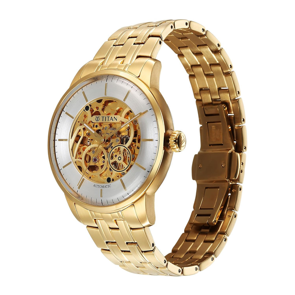 Titan Golden Heart Skeletal Automatic Analog with Silver Dial Yellow Gold Stainless Steel Strap Watch for Men - 90110YM01