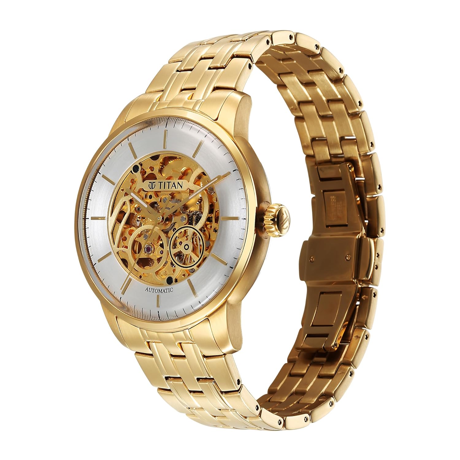 Titan Golden Heart Skeletal Automatic Analog with Silver Dial Yellow Gold Stainless Steel Strap Watch for Men - 90110YM01