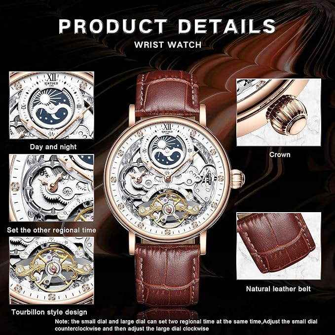 IK COLOURING Bestn Mens Luxury Skeleton Automatic Mechanical Wrist Watches Leather Moon Phrase Luminous Hands Self-Wind Watch