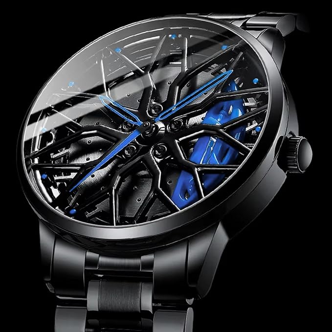 Branded Men's Sport Quartz Watch Car Wheel Multicolour Dial Wheel Dial 360 Rotating Casual Fashion Stainless Steel Alloy Mens &Boy's Luxury Metal Gift Creative Watch