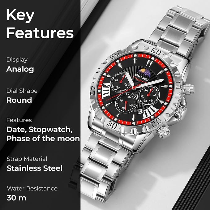 SKMEI Quartz Analog Chronograph Watch – Luxury Stainless Steel Band, Zinc Alloy Case Waterproof Wristwatch for Men - 9352