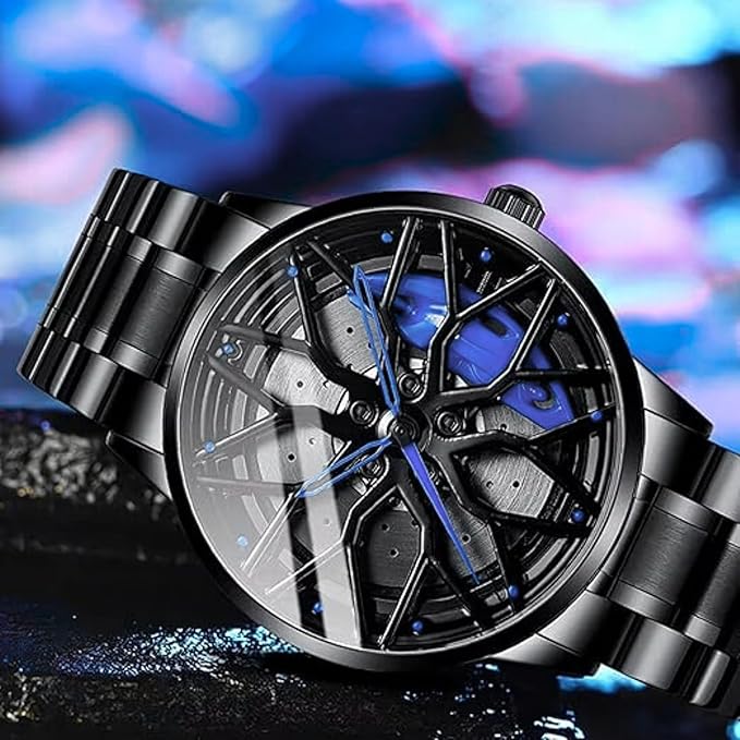 Branded Men's Sport Quartz Watch Car Wheel Multicolour Dial Wheel Dial 360 Rotating Casual Fashion Stainless Steel Alloy Mens &Boy's Luxury Metal Gift Creative Watch