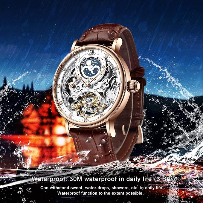 IK COLOURING Bestn Mens Luxury Skeleton Automatic Mechanical Wrist Watches Leather Moon Phrase Luminous Hands Self-Wind Watch