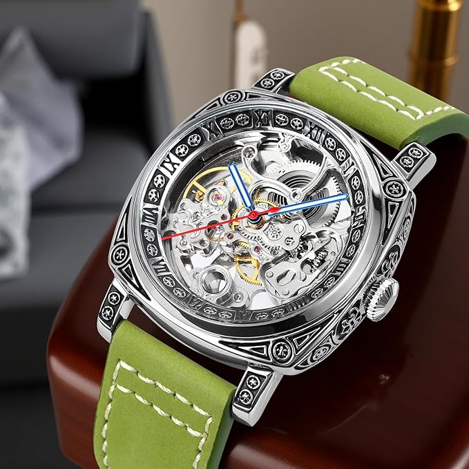 Skmei 9271 Men's Automatic Analog Watch, 30M Water-Resistant, Zinc Alloy Case, Leather Band, Glass Crystal, 42mm Case Width - 9271